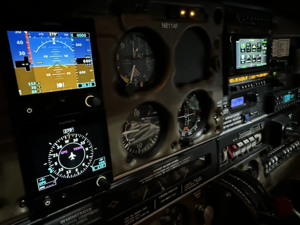Illuminated Garmin flight instruments and panel avionics aboard Piper Archer II N8114F