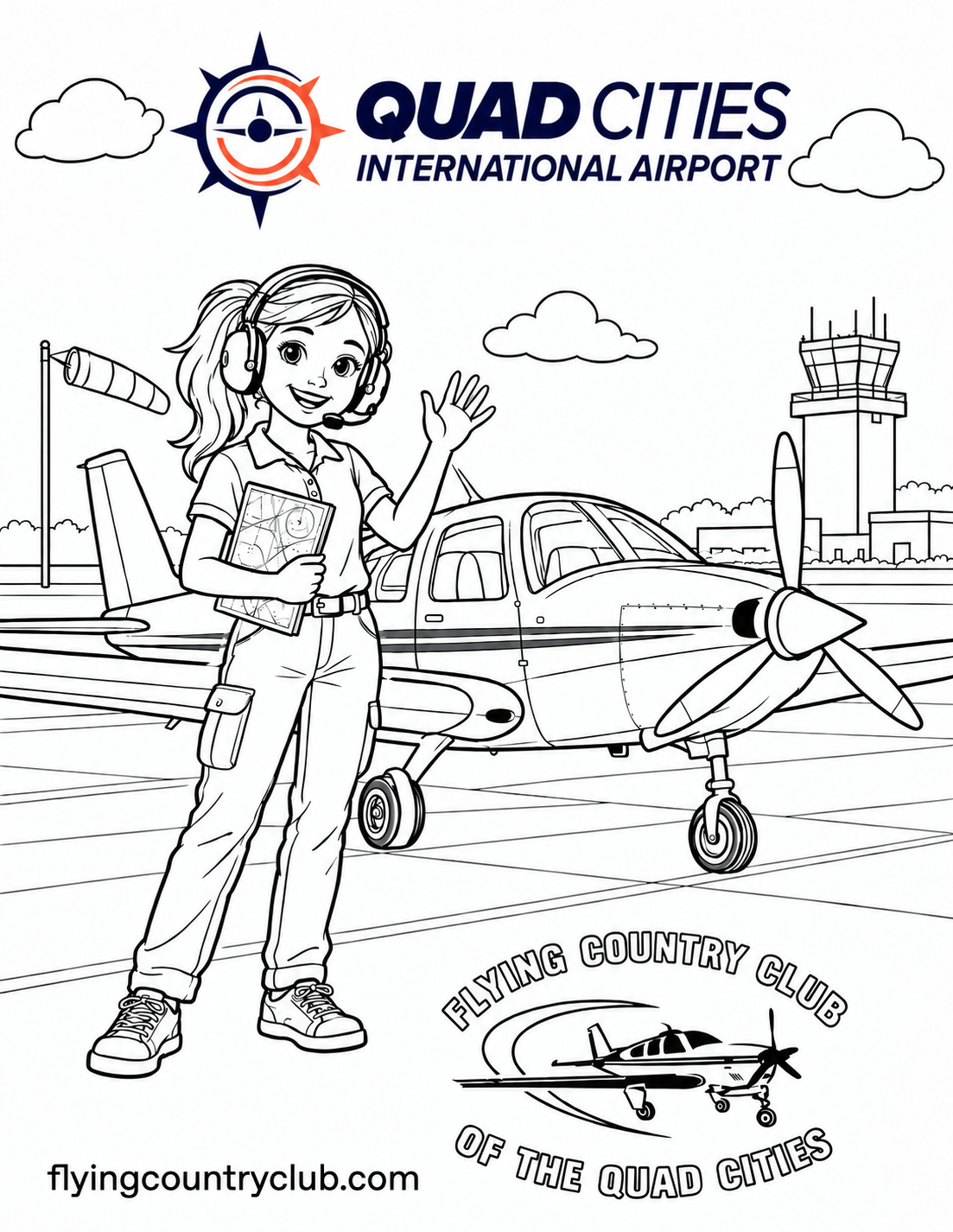 Ava the Aviator coloring page with Quad Cities International Airport and Flying Country Club logos